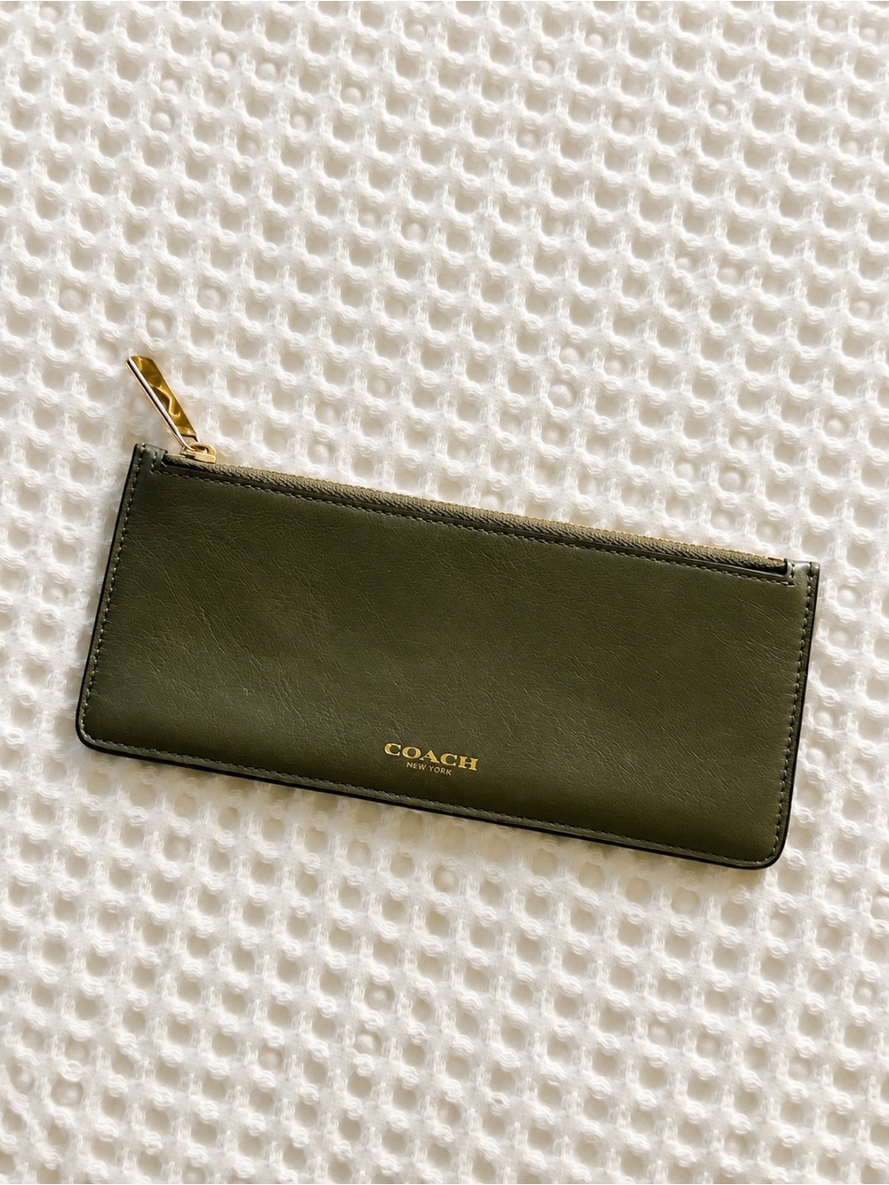 Coach Olive Green Leather Zip Wallet with Gold Hardware